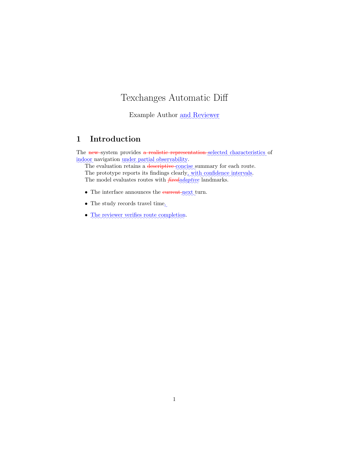 Automatic latexdiff example with removed and added text marked visually.