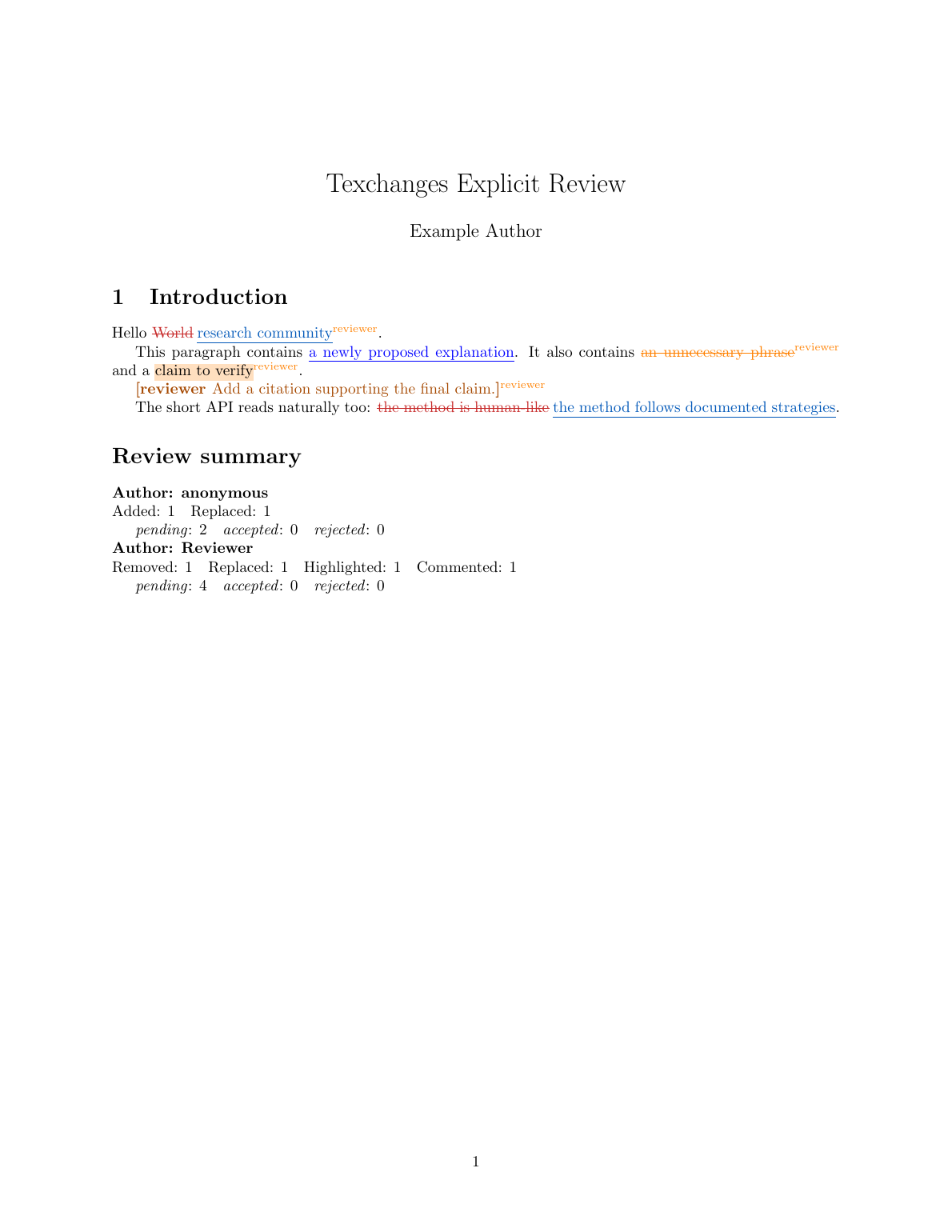 Explicit review example with marked changes and a review report.